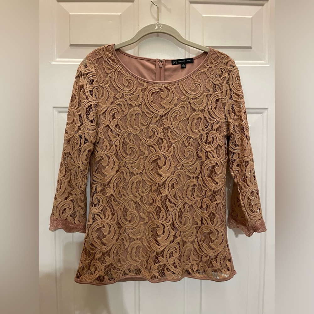 Adrianna Papell Dusty Blush Bell Sleeve Lace Top, Size S